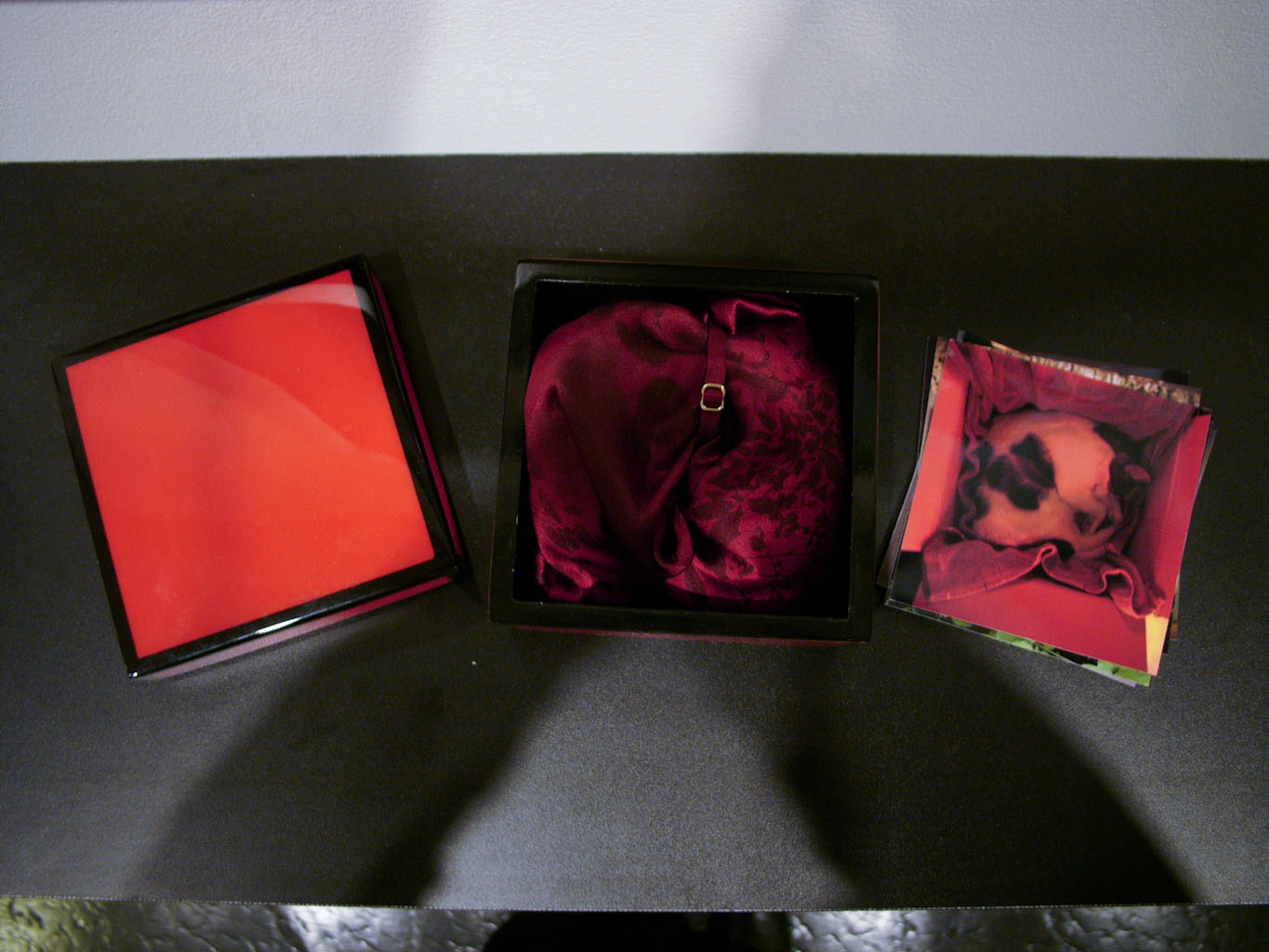 Wind in the Trees,
Exhibition Installation,
detail of open box with silk wrapped set of 16 prints : Wind in the Trees : Shauna Church